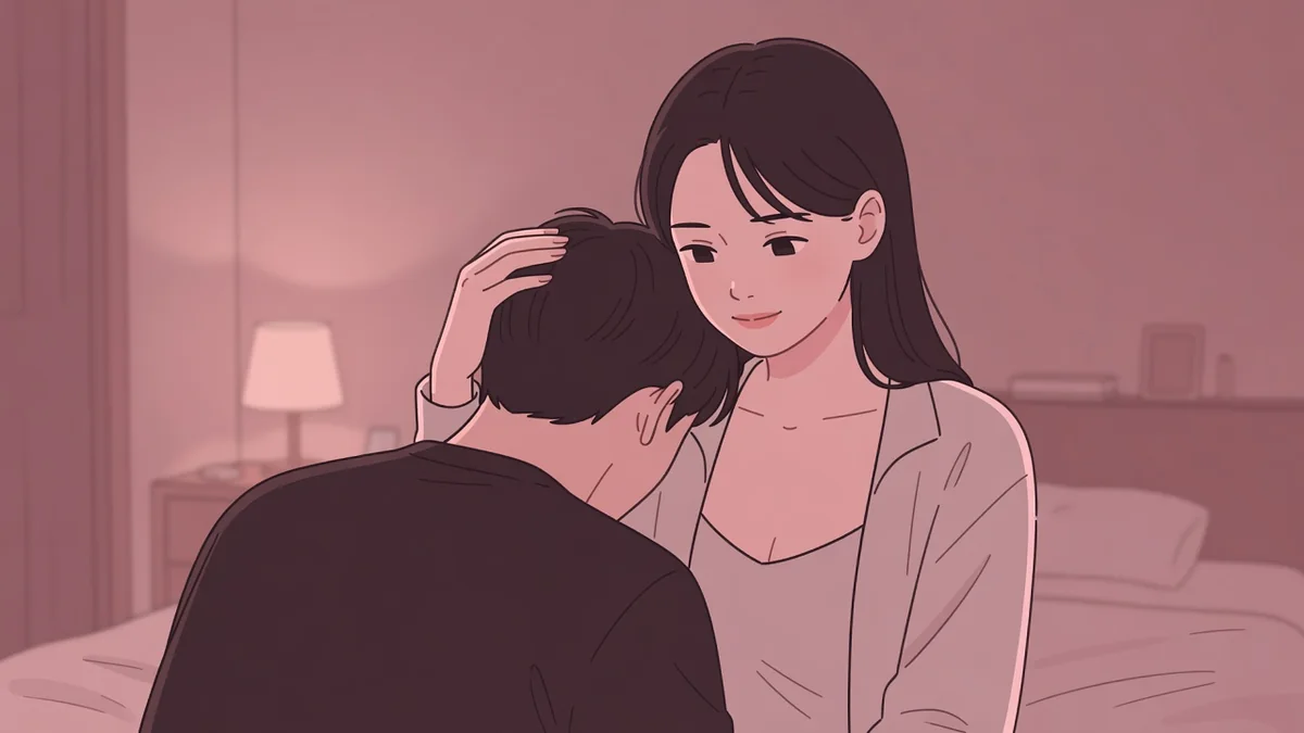 夜のベッドで女性の肩に額をあずけて息を整える男性と、その髪に手を置く女性。好きな相手だと男は早くイクのか
