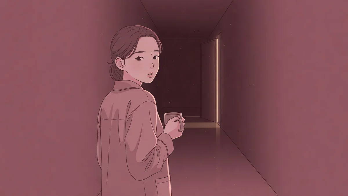 夜の廊下で細く開いたドアから漏れる光を見つめる女性。男のオナニー