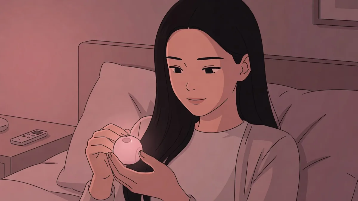 夜のベッドで手のひらの小さな器械を眺める女性。舐められる感覚が味わえる大人のおもちゃ