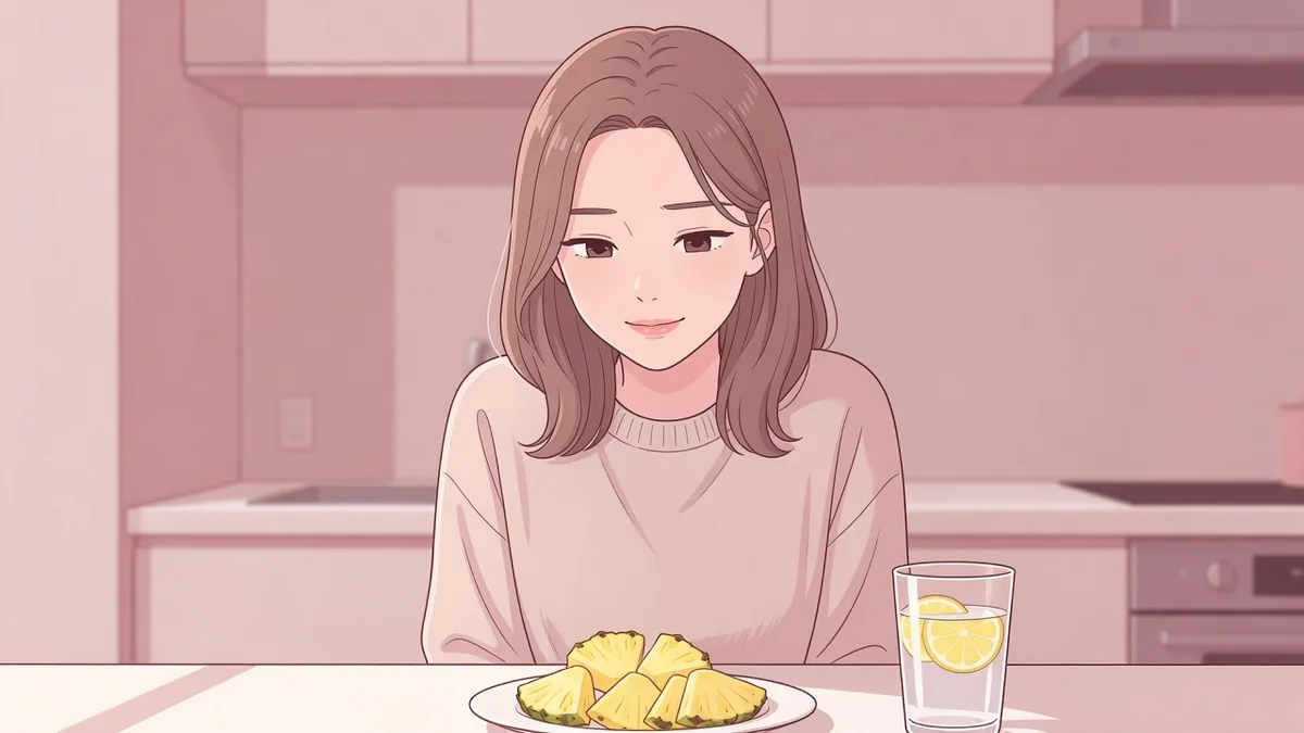 朝のキッチンでパイナップルとレモン水を前に首をかしげる女性。精液の味