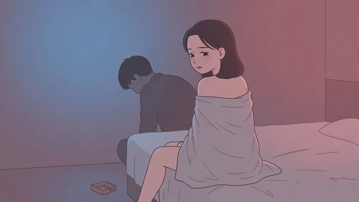 夜明けの寝室でベッドに座る女性と、背後で頭を下げる男性、床のコンドームの空箱。男の中出しの真実