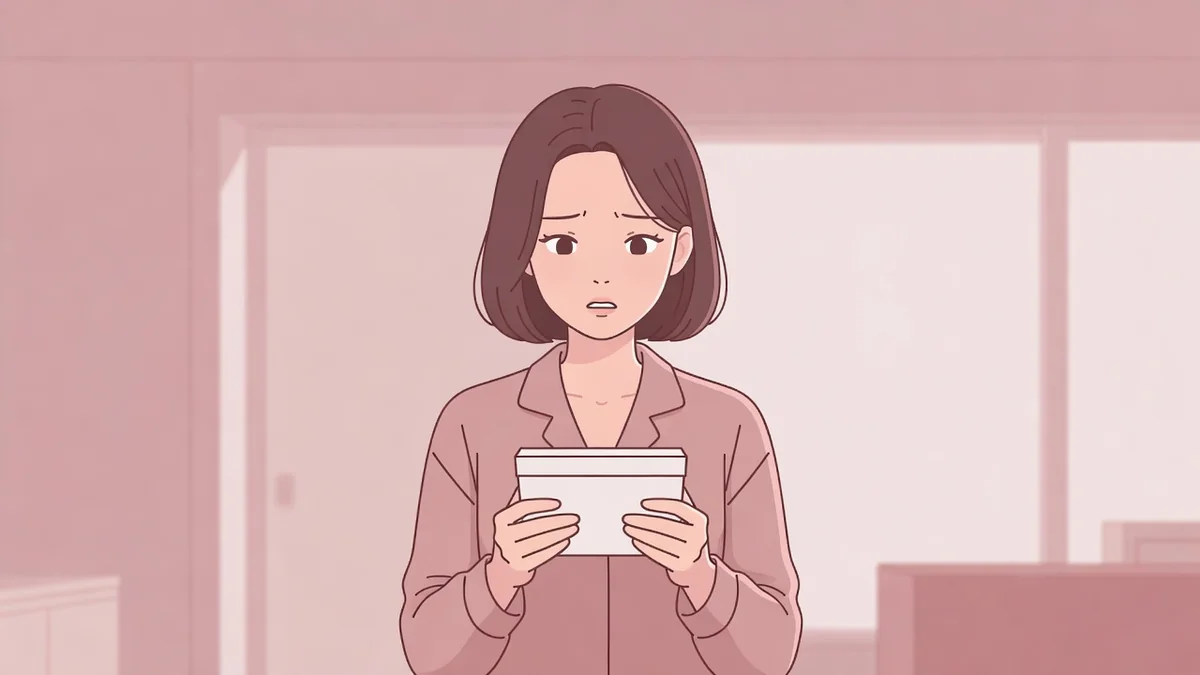 昼の部屋で妊娠検査薬の箱を手に立ち尽くす女性。ガマン汁での妊娠