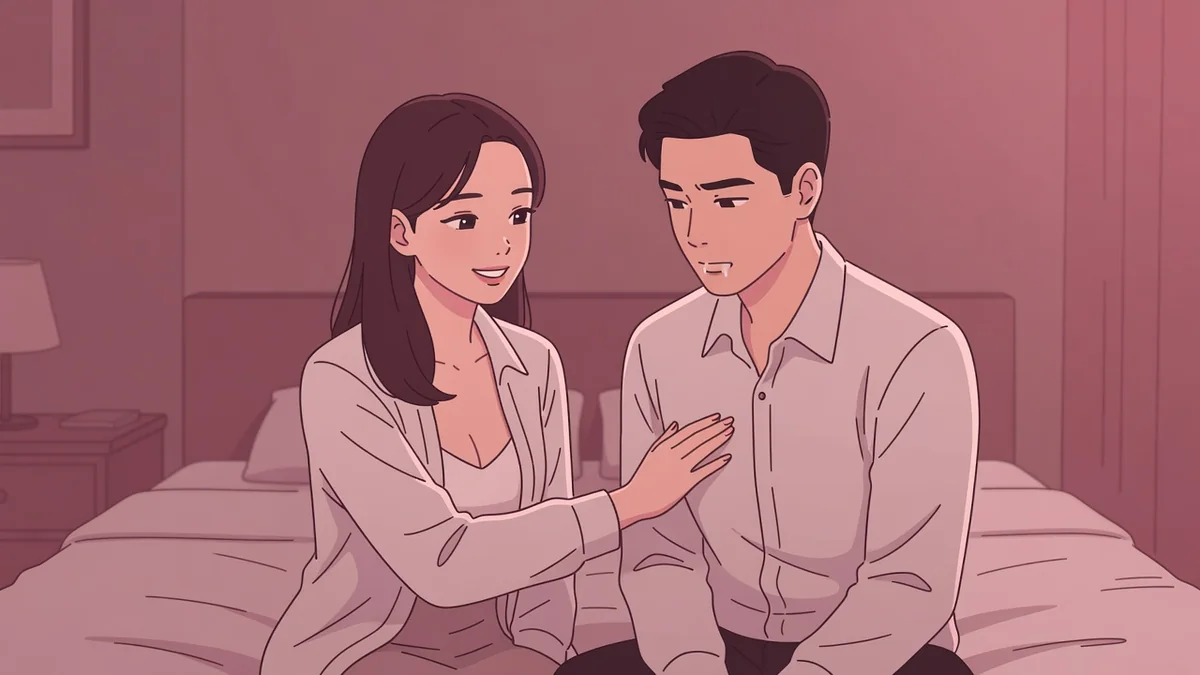 夜のベッドで向かい合い、男性の胸に手を当ててペースを緩めさせる女性。女が感じるピストンのやり方