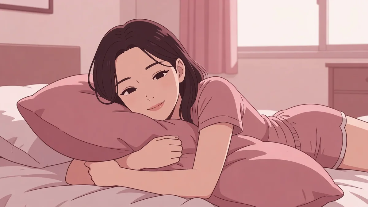 昼の明るい寝室で大きな抱き枕を抱えてうつ伏せになる女性。まくらオナニーのやり方