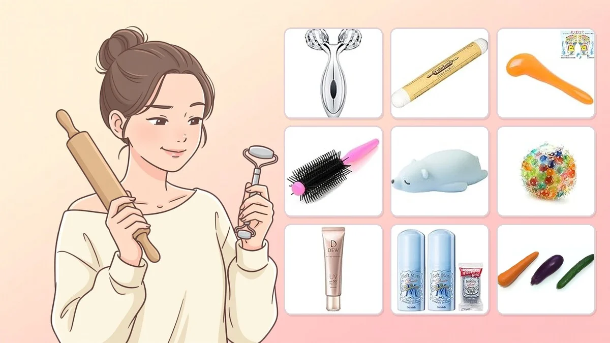 めん棒と美顔ローラーを見比べる女性と、右に代用品になる日用品が並ぶバナー。自作ディルドとディルド代用品27選