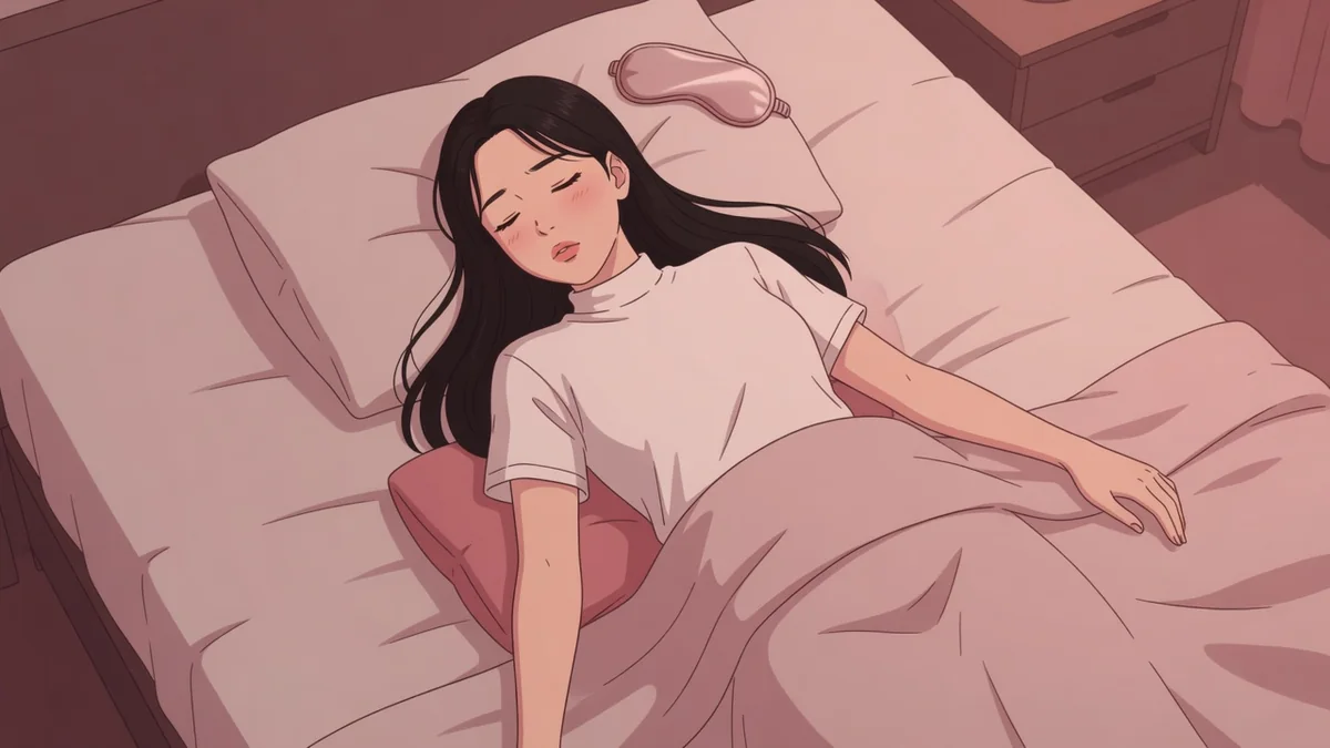 夜のベッドで腰の下にクッションを敷き、目を閉じて感覚に集中する女性。オナニーで中イキするやり方とコツ
