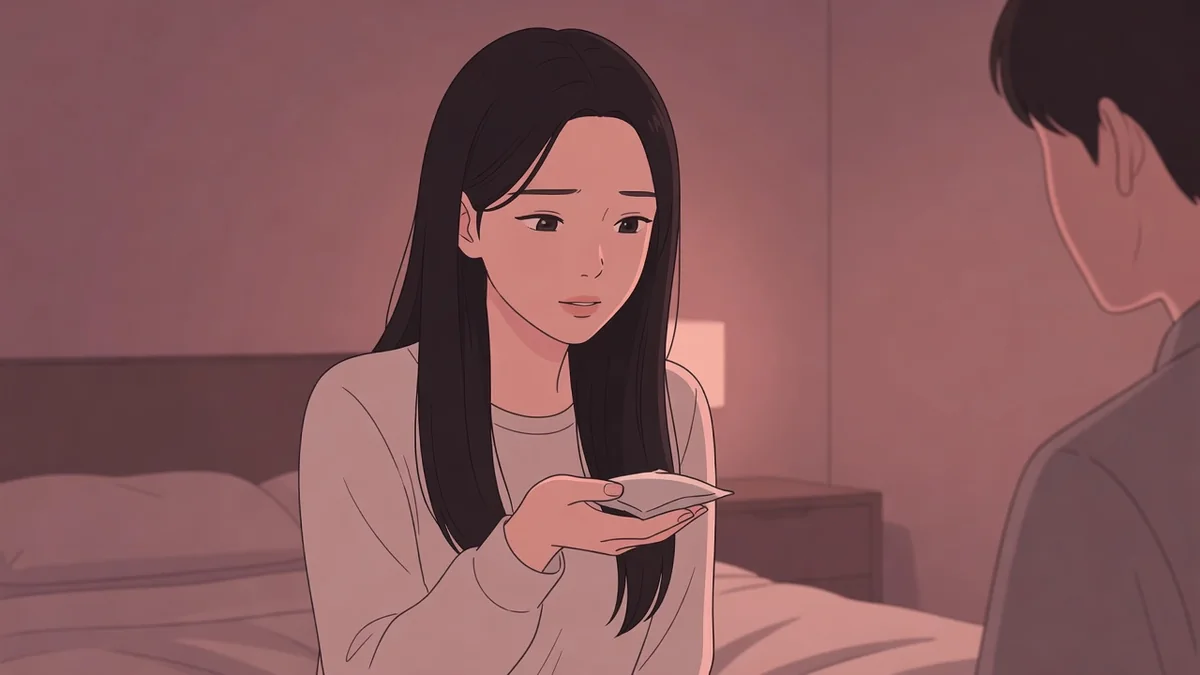 夜のベッドで手のひらのコンドームを差し出しかけて止まる女性。コンドームをつけてと言えますか