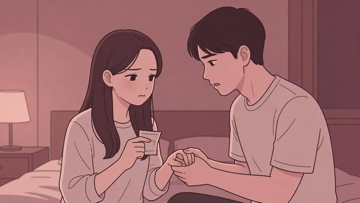 夜のベッドで女性の手を取る男性と、コンドームの包みを握る女性。男が生を好む心理