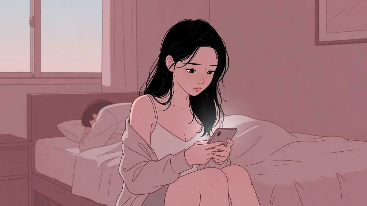 夜明け前の寝室でスマホのカレンダーを見る女性と、眠る男性の肩。生でのセックスと妊娠の不安