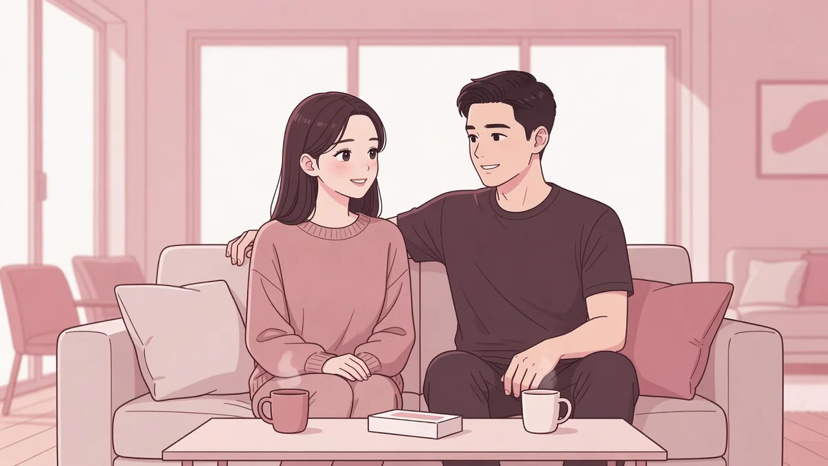 明るいリビングのソファで検査キットの箱を前に話し合うカップル。セーファーセックス