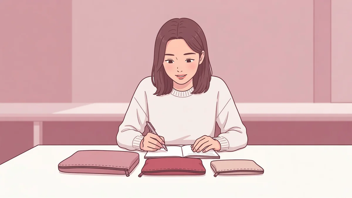 明るいテーブルで大きさの違う三つのポーチを見比べる女性。バイブ・ローター・電マの違い