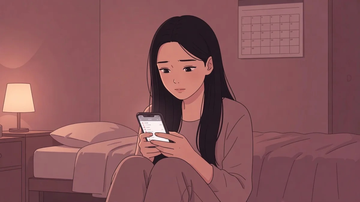 夜の部屋でスマホの連絡先をスクロールしかけて手を止める女性。性病は誰のせいか