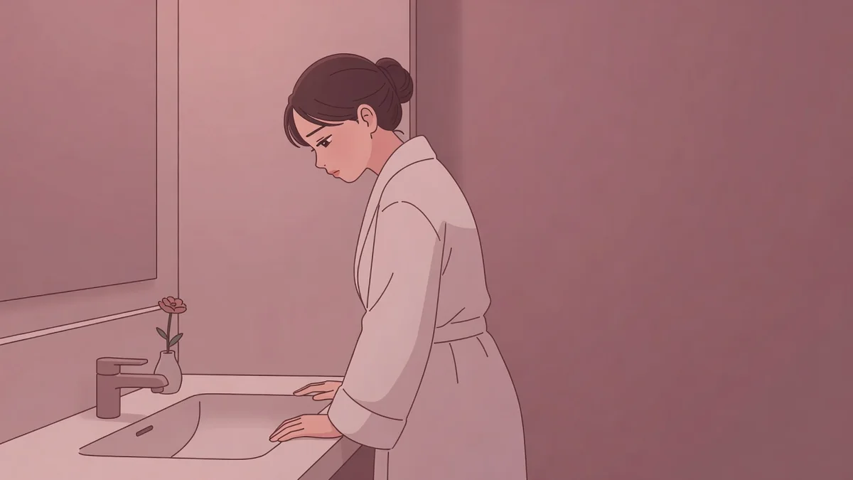 夜の洗面所でうつむいて洗面台に手をつく女性と、一輪の花。性病になった自分を責めないで