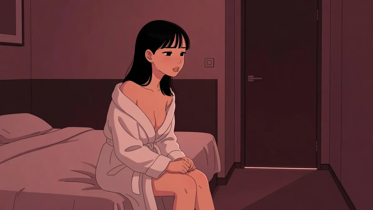 ホテルの部屋でノックの音に振り向く、バスローブ姿の女性。初めての女風の当日
