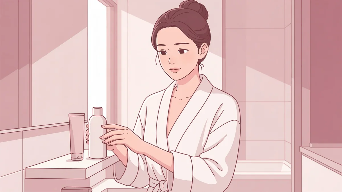 明るいバスルームでケア用品のボトルを手に取る女性。デリケートゾーンのケア