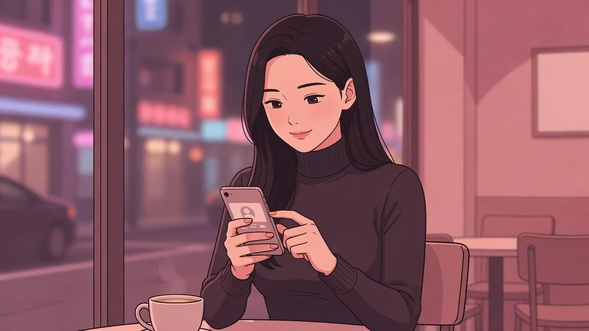 夜のカフェの窓際でマッチングアプリのカードをスワイプする女性。出会い系とマッチングアプリの選び方