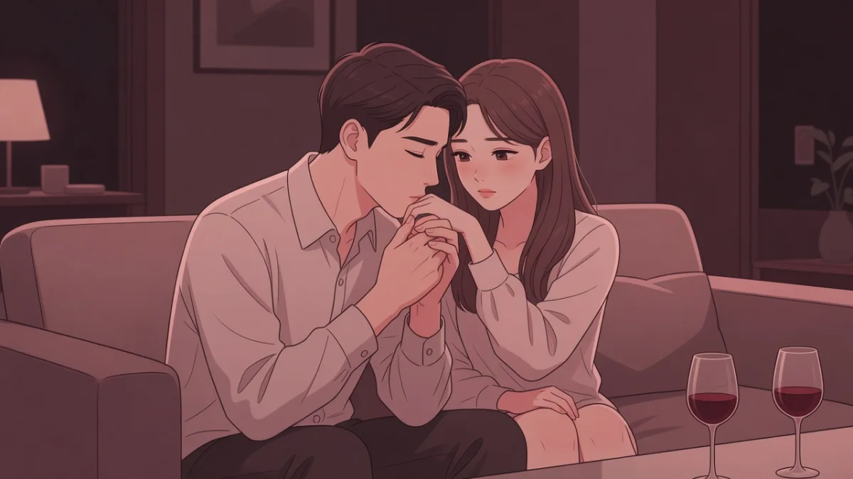 ソファで女性の指先に口づけする男性と、その口元を静かに見つめる女性。彼はなぜ舌を使いたがるのか