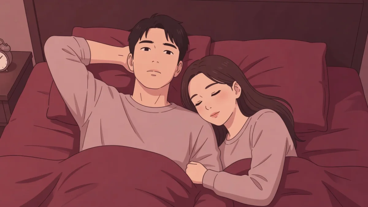 夜のベッドで女性が胸に頭を預けて眠り、男性だけが天井を見て考えこんでいる。セックス中、彼は何を考えているのか