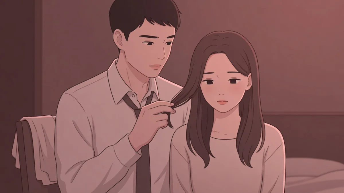 背後から女性の髪をひと束すくって見つめる男性と、伏し目の女性。彼はなぜそれをしたがるのか