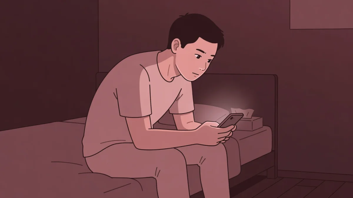 夜、暗い寝室でベッドの縁に腰かけスマホの灯りに照らされる男性。彼はどんなオナニーをしているのか