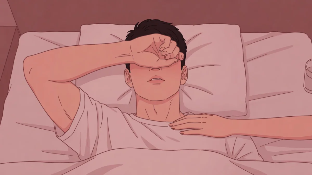 ベッドで腕で目を覆い息を整える男性の首筋と、その胸に置かれた女性の手。彼の体はどうなっているのか