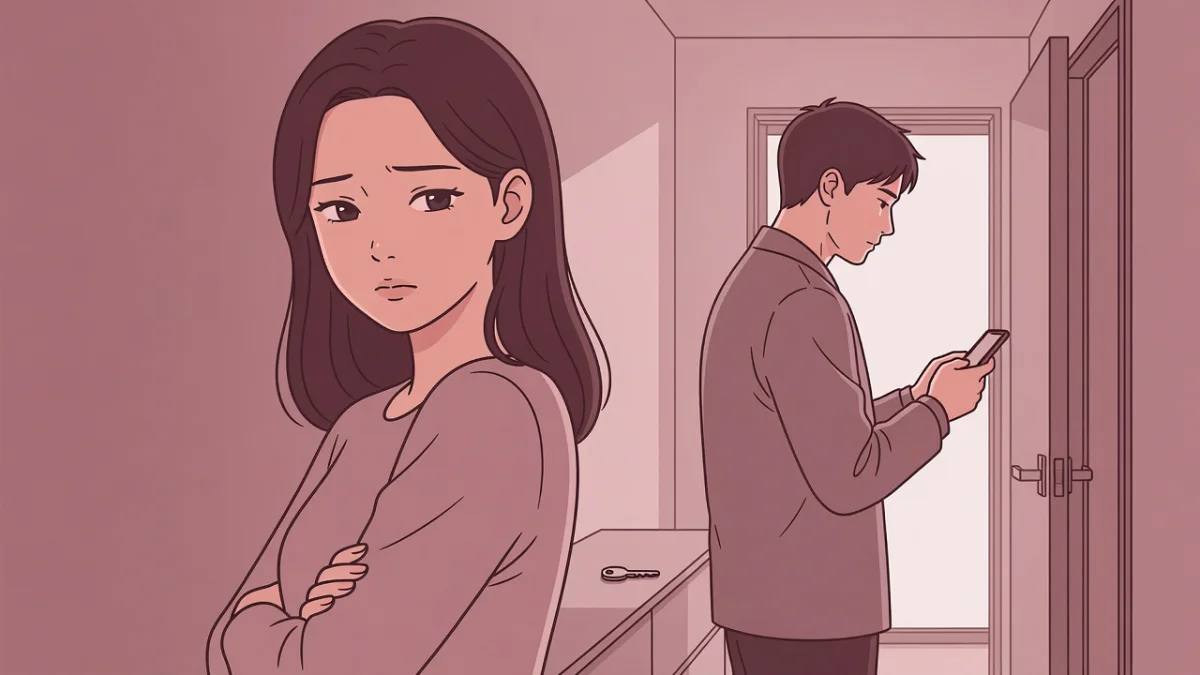 玄関でスマホを見て出かける支度をする男性と、少し離れて憂いの表情で見ている女性。私は本命なのか、遊びなのか