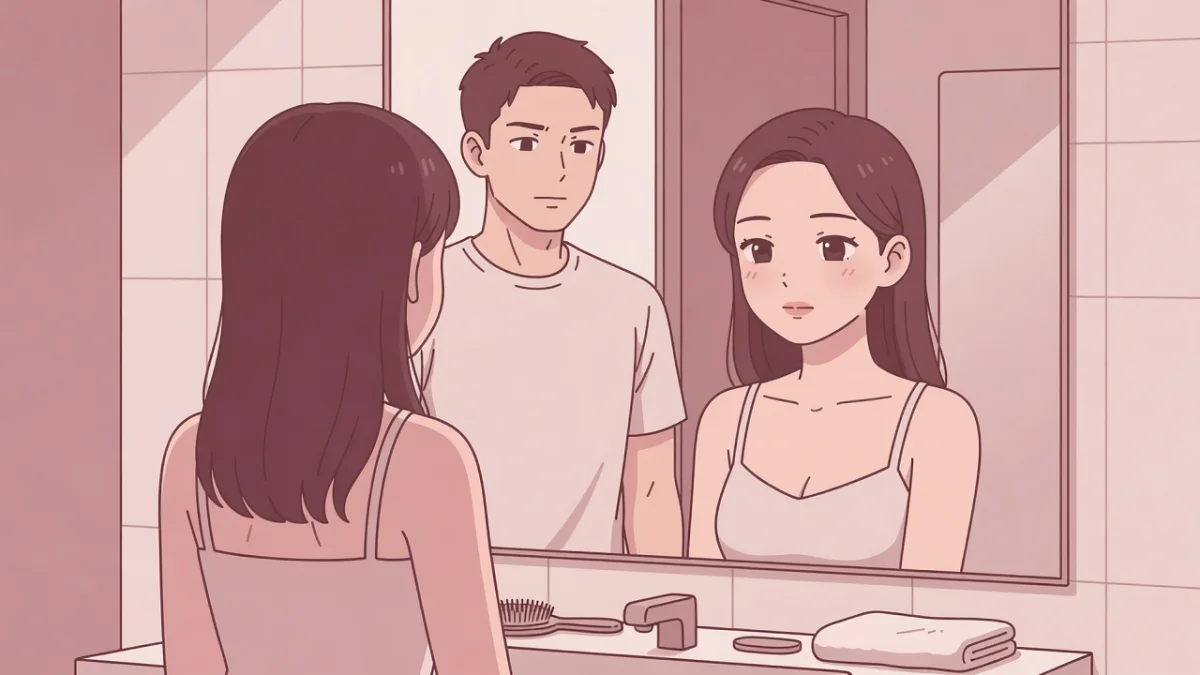 洗面所の鏡に映る自分を見つめる女性と、鏡の中で背後から見ている男性。彼は私の体をどう見ているのか