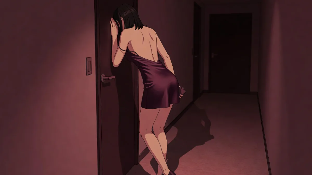 夜のホテルの廊下で、客室の扉に凭れて息をつめる女性の後ろ姿。女性用風俗を初めて予約した当日