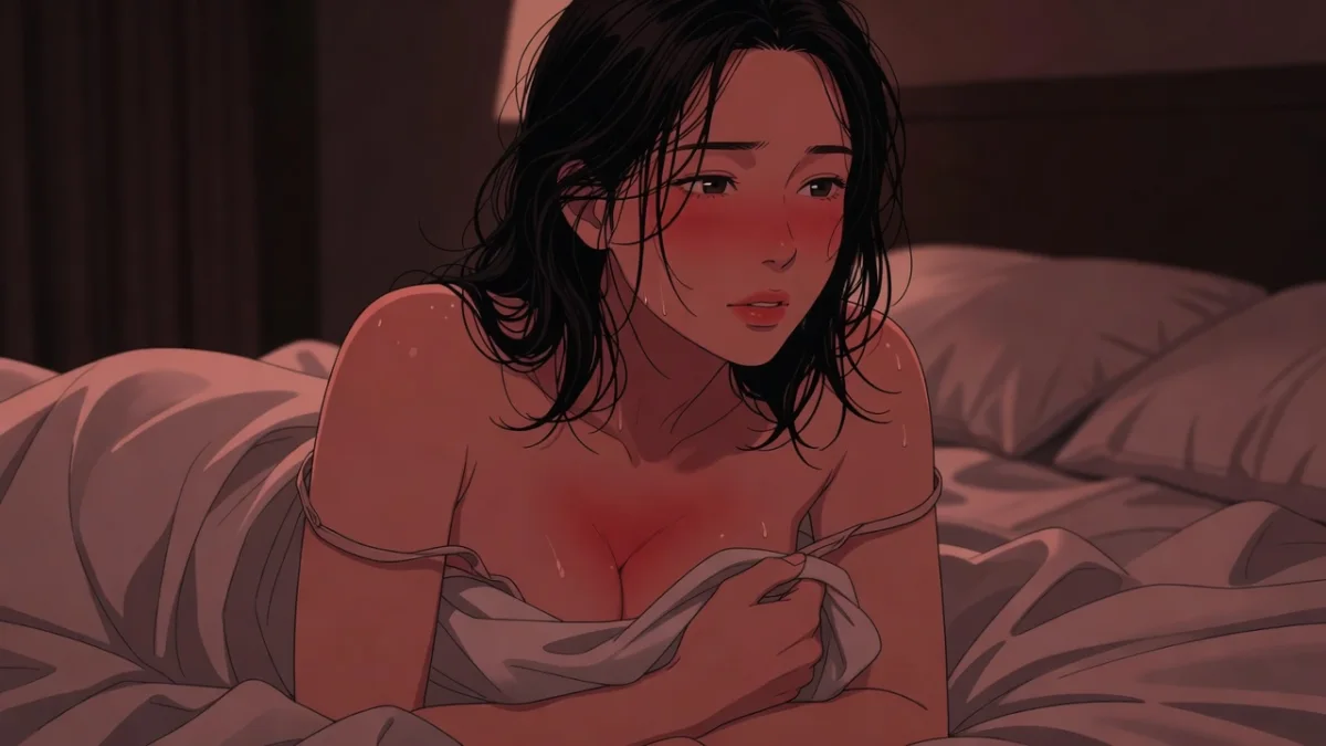 汗と紅潮が残ったまま身を起こし、シーツを胸に掻き抱いて目だけが醒めた女性。本番を迫られて気持ちよさが冷めた瞬間