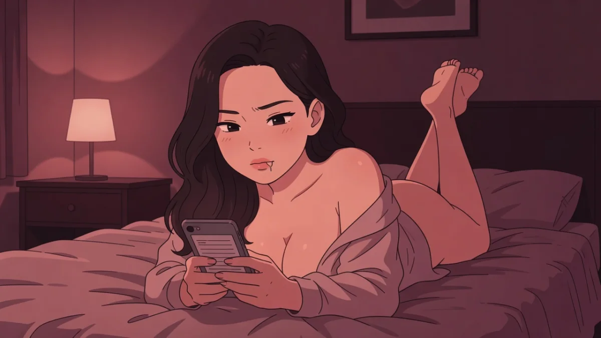 自宅のベッドでうつ伏せになり、スマホで女風の料金表を見比べる女性。値段と欲のあいだで迷う夜