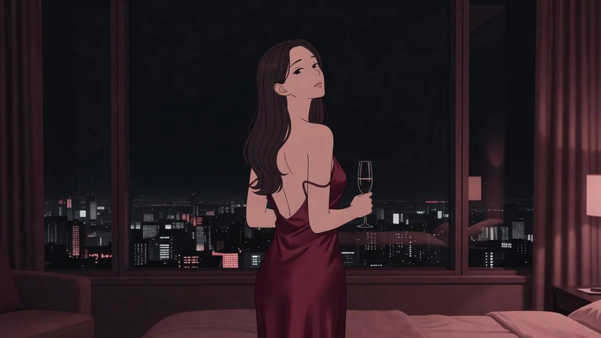 高級ホテルのスイートで、シャンパングラスを手に夜景の前に立つスリップ姿の女性の後ろ姿。高級店と格安店の違い