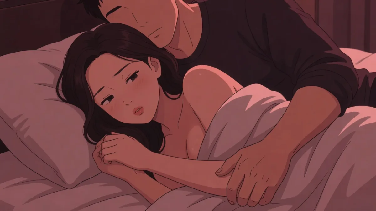 薄暗いホテルのベッドで、背後から腕を回されて目を閉じる女性。添い寝コースの時間