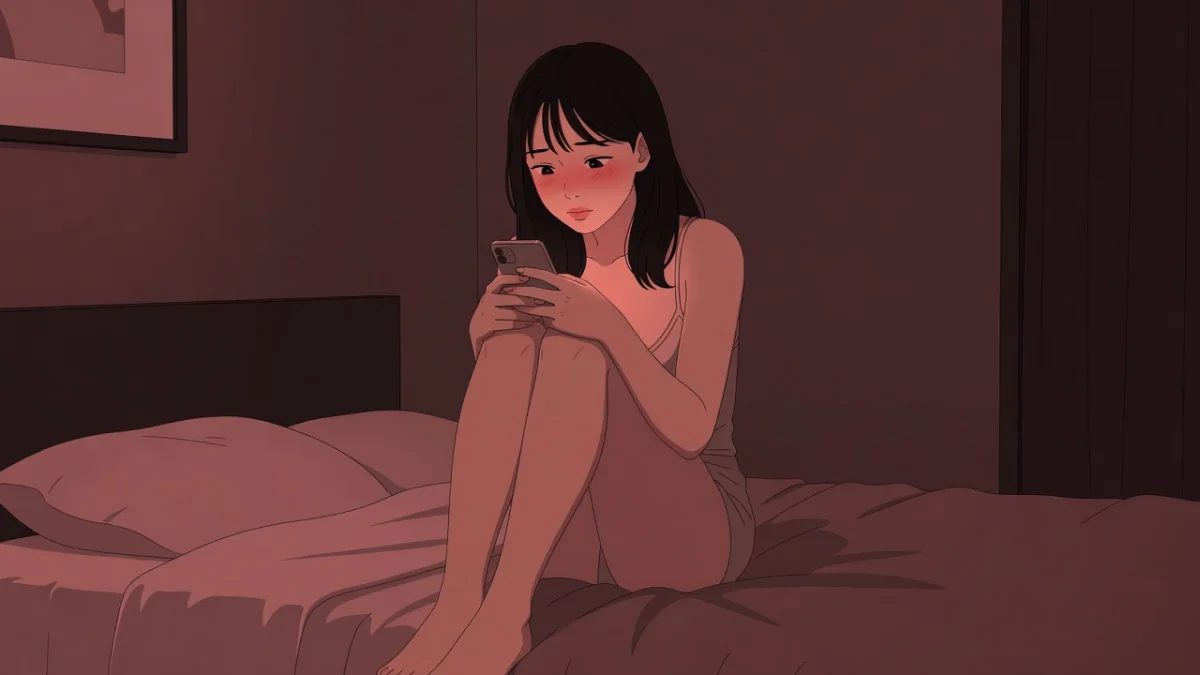 自宅のベッドで膝を抱え、予約を送った直後のスマホを胸に押し当てる女性。初めての女風の予約