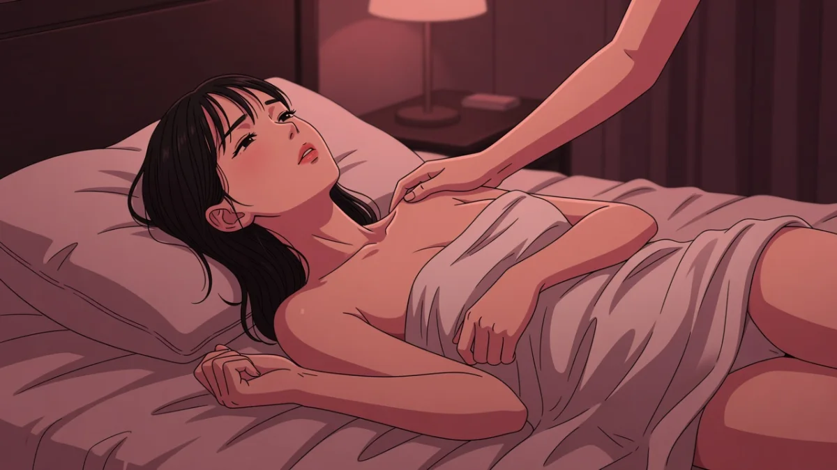 ホテルのベッドで喉をのけぞらせ、シーツを握りしめて施術を受ける女性。施術中のシーン別対応