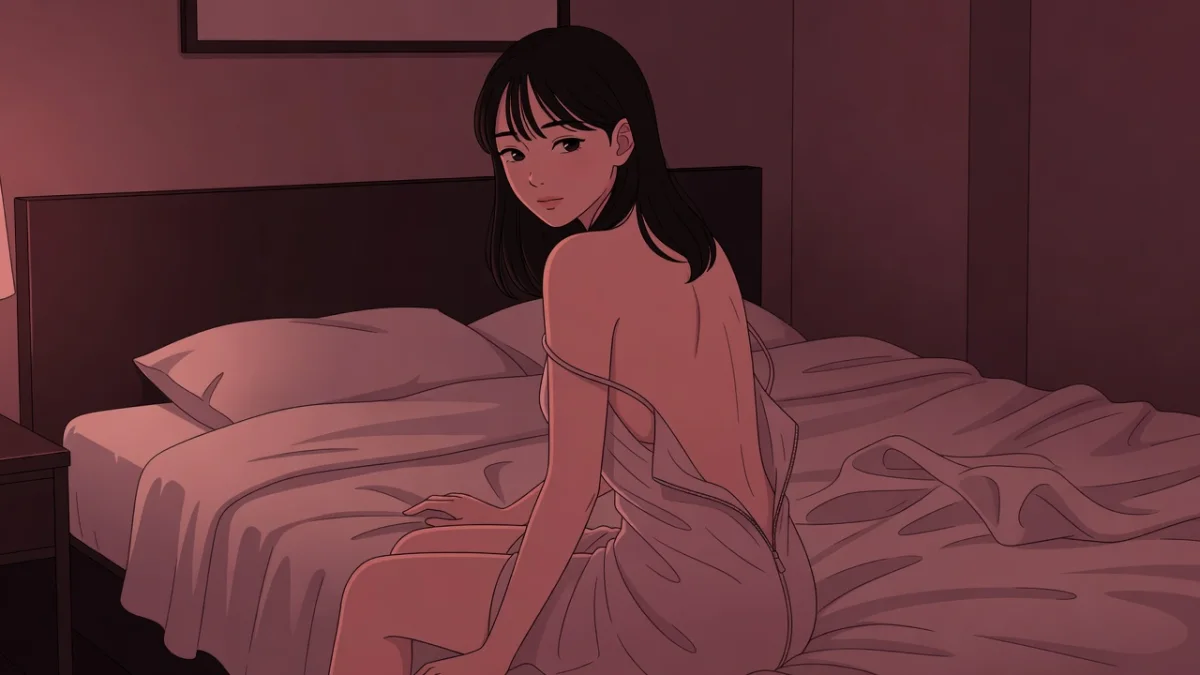 乱れたベッドの端で服を着直しながら、寝台を振り返る女性の後ろ姿。終わったあとの余韻