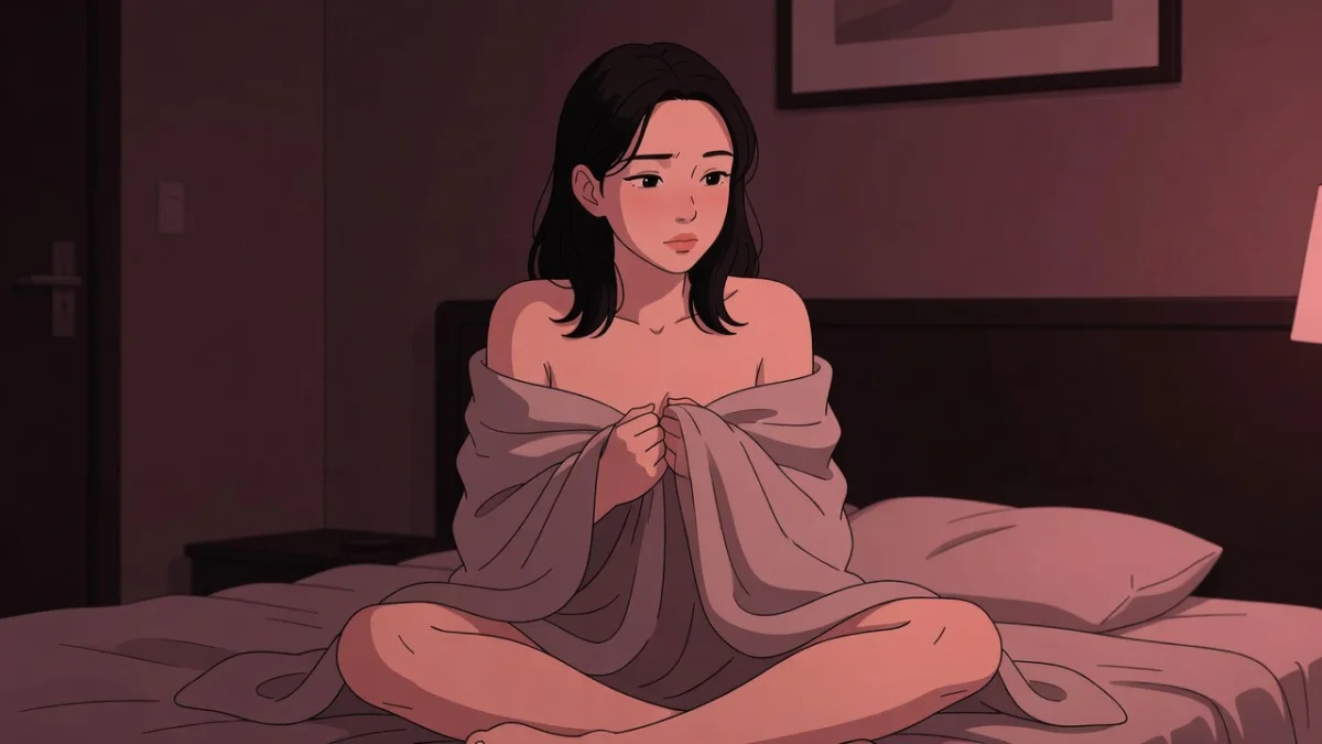 薄暗いホテルの部屋で、毛布を胸元に掻き寄せて扉のほうをうかがう女性。女風のリスク全体像