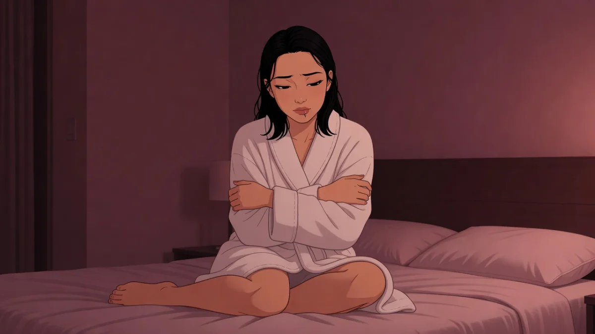 静かなホテルの部屋で、バスローブのまま自分の体を抱くように座る女性。自分を大切にすること