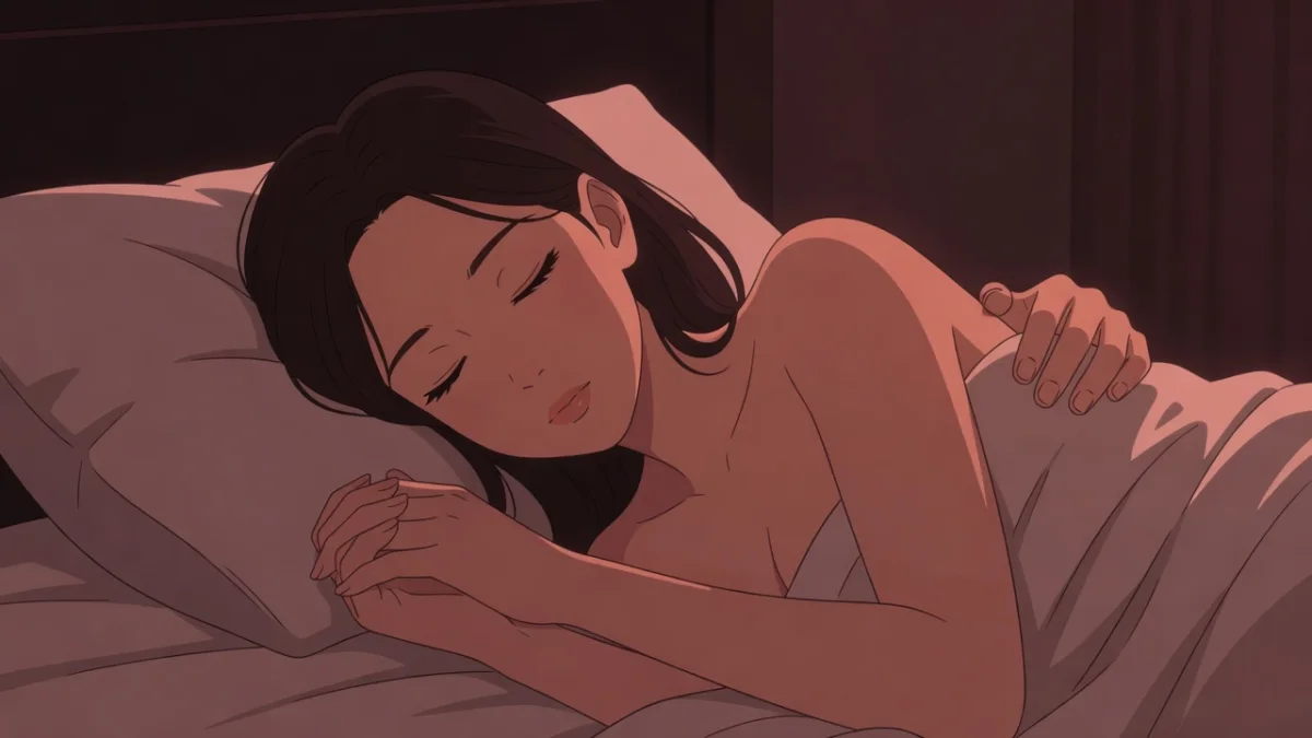 薄暗いホテルのベッドで、背後から抱き込まれ指を絡めたまま眠る女性。添い寝・お泊まりコース