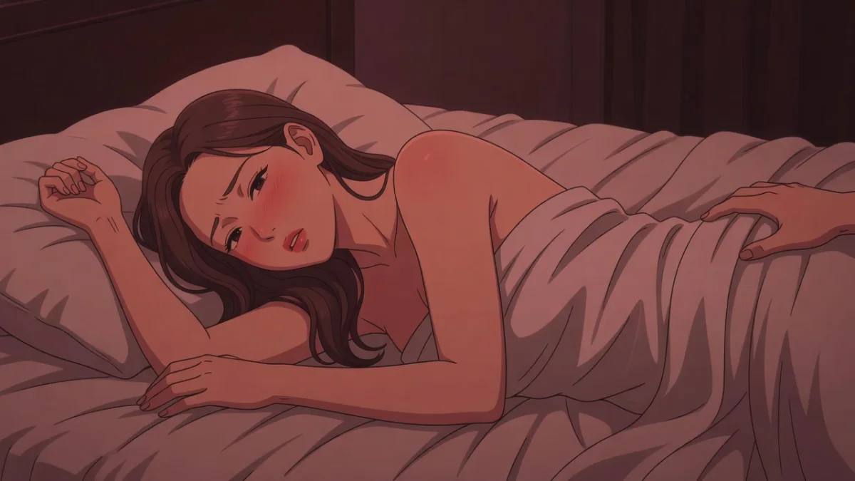 ホテルのベッドで背を反らせ、シーツを掴んで喉をのけぞらせる女性。初めてイケた体験談