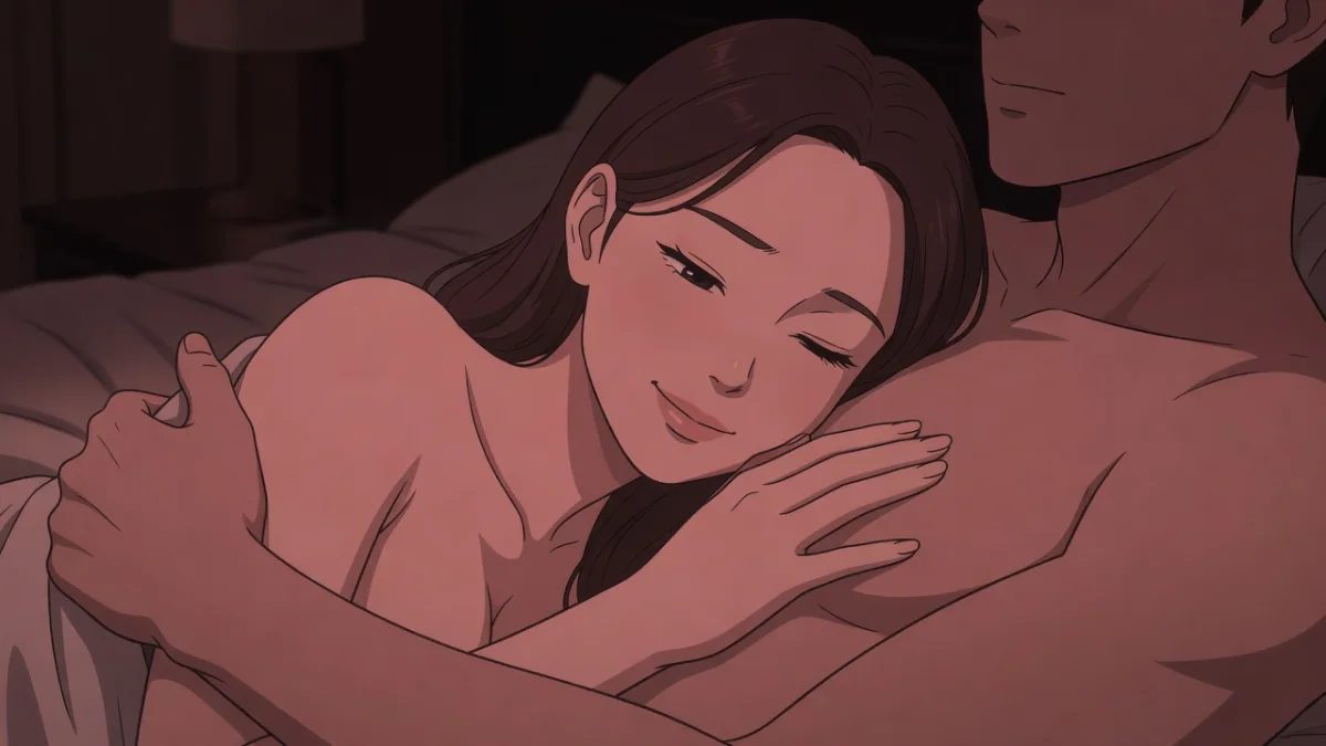 薄暗いベッドで男性の胸に顔を伏せ、目を閉じる女性。癒し・添い寝の体験談
