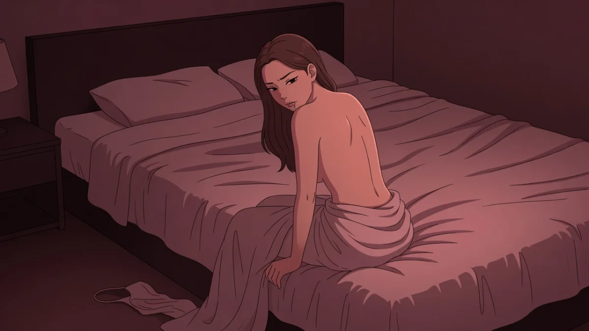 乱れたベッドの端で背を丸めて座る女性の後ろ姿。失敗・後悔の体験談