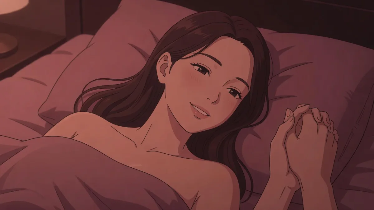 枕の上で指を絡めたまま、ほどけた表情で微笑む女性。リピートで深まった体験談
