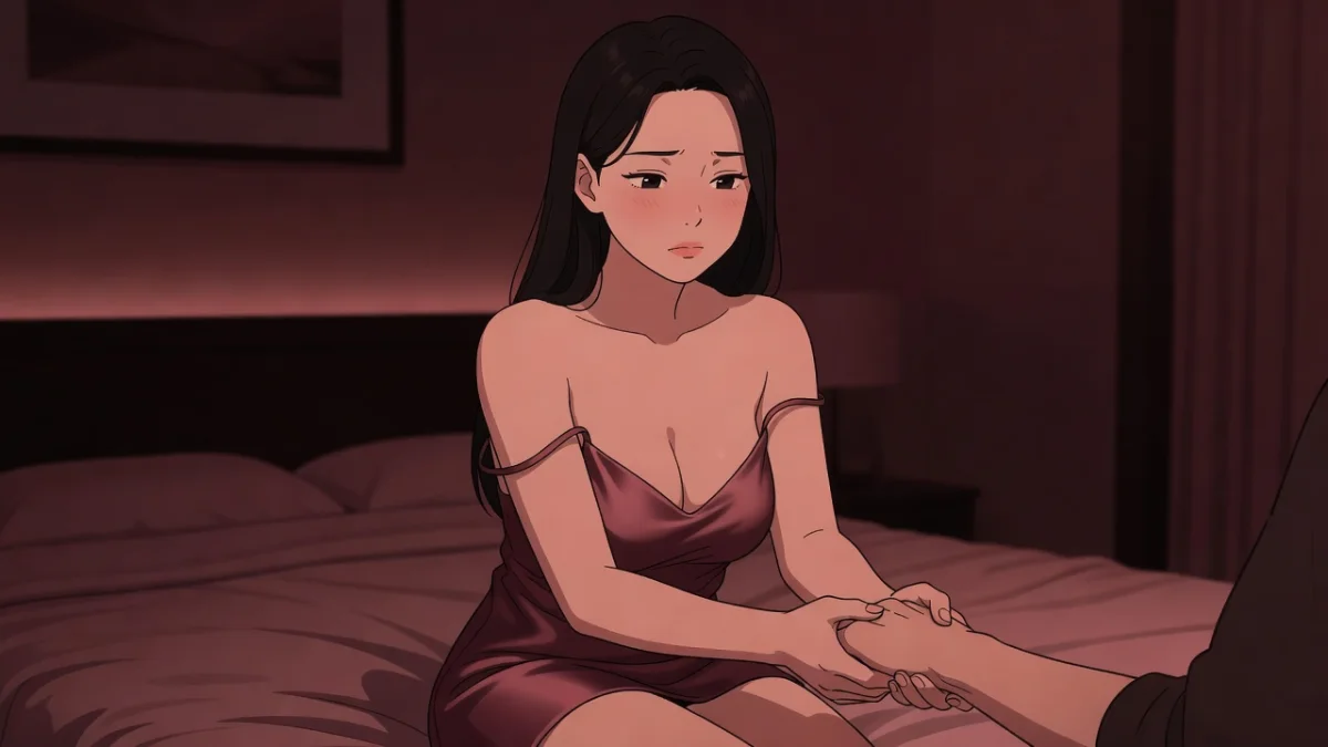 ホテルの部屋で、女性のほうから男性の手を取って引き寄せる場面。女風は女性が選ぶ側