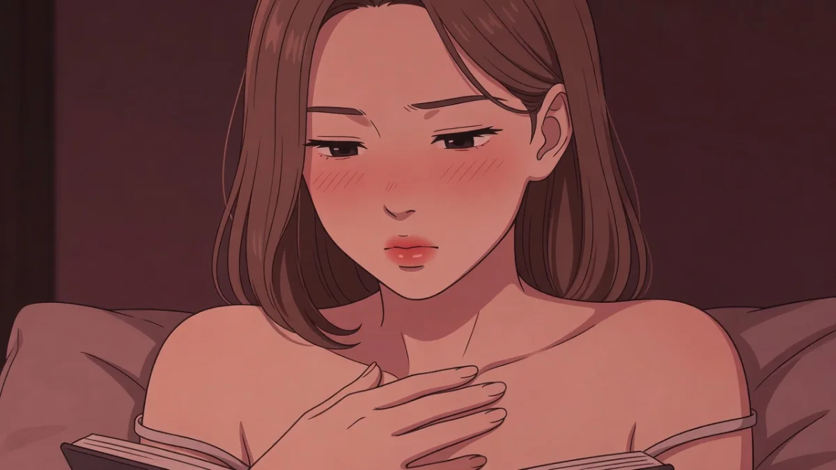 薄明かりの中、鎖骨に手を当てて頬を染め、視線を落とす女性の寄り。漫画のあるあるシーン