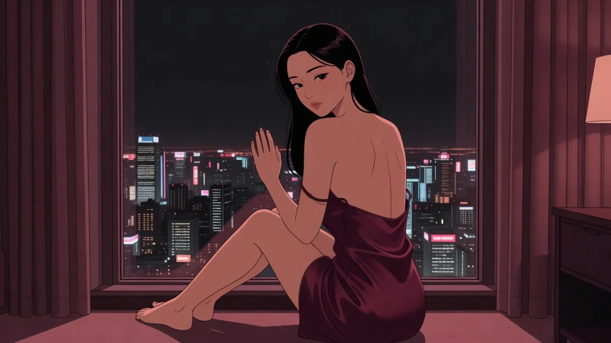 高層ホテルの窓辺で、夜景を見下ろして立つスリップ姿の女性の後ろ姿。都市部の女風