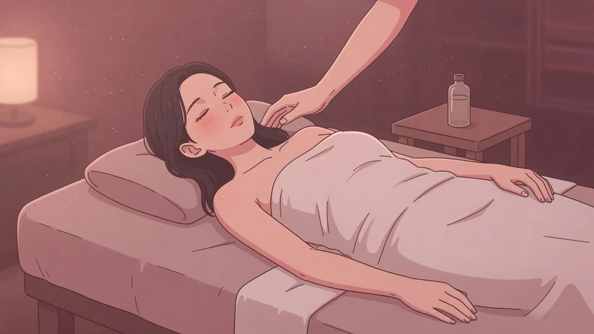 マッサージ台で仰向けになり、白いタオルをかけて目を閉じている女性。肩にセラピストの手が置かれている。乳首だけでイクまでの話