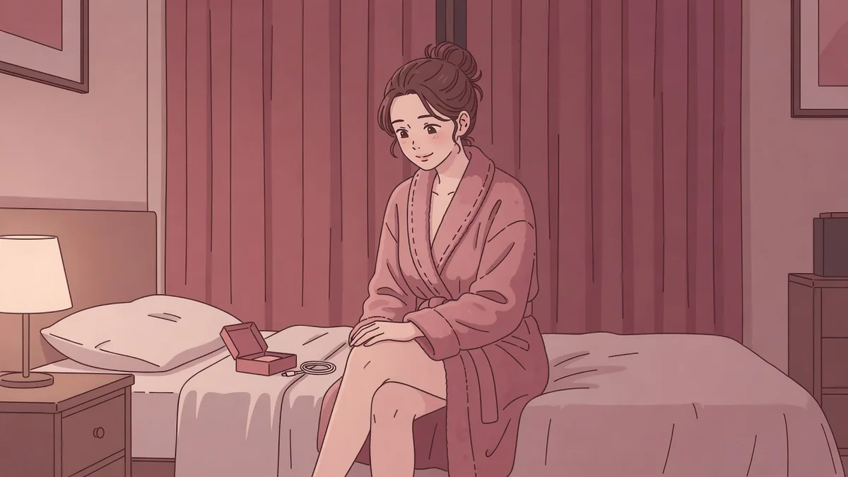 夜のベッドに腰かけ、ナイトテーブルに開いた箱と充電ケーブルを見つめる女性。ひとりで使う道具を買った夜の話